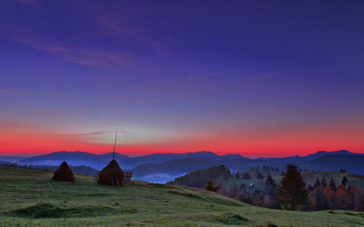 sunset, Hills, Haystacks, Fields, Trees, Landscape HD Wallpaper Desktop Background