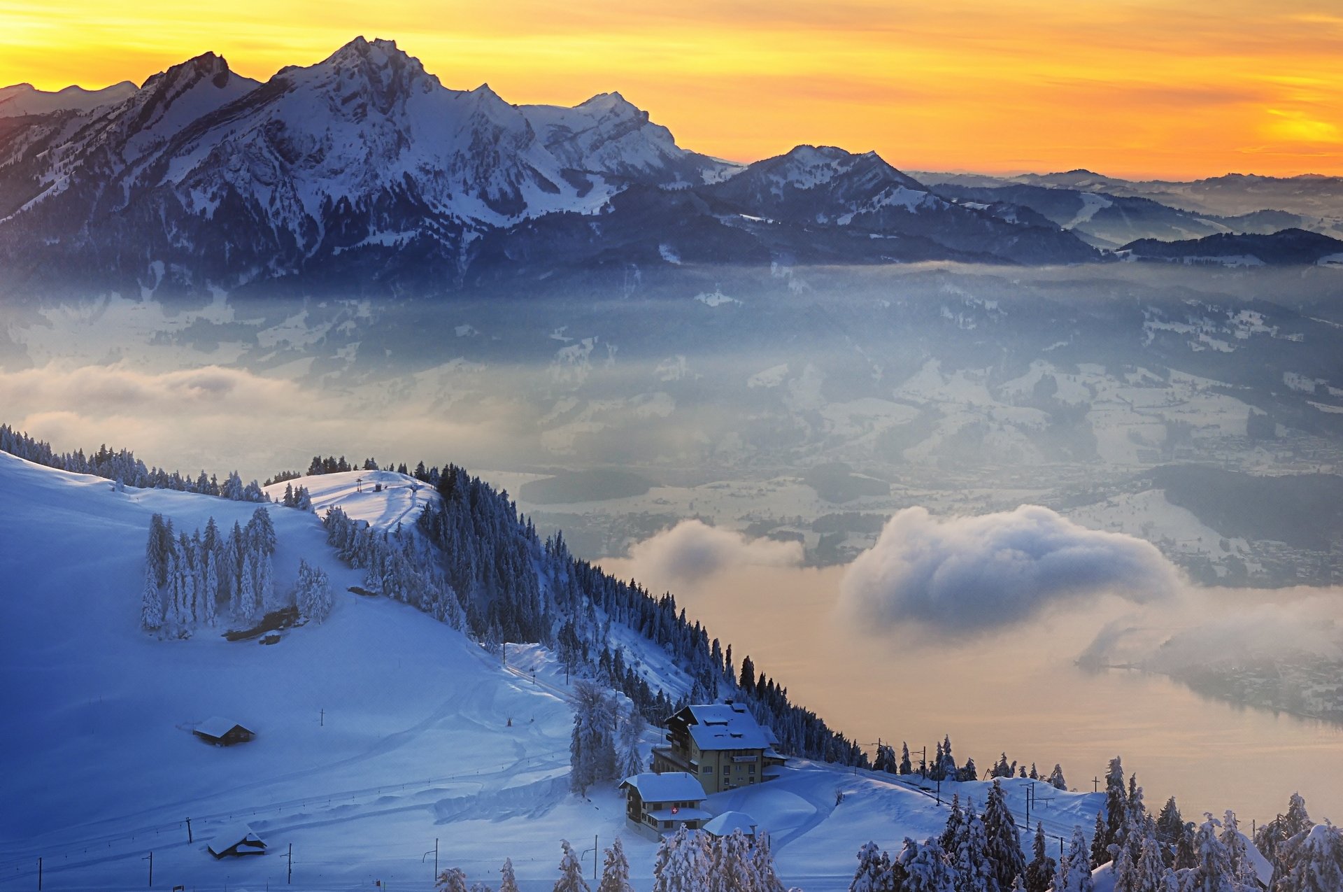 switzerland, Winter, Snow, Mountains, Sunset, Village, 1920x1275 Wallpaper