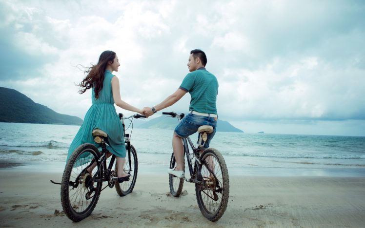 couple, Bicycle, Beach, Ocean, Dress, Asian, Mood HD Wallpaper Desktop Background
