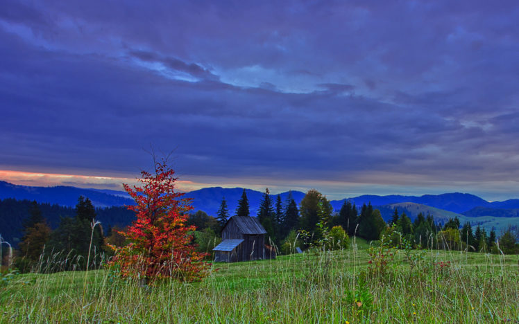 field, Sunset, House, Trees, Landscape HD Wallpaper Desktop Background
