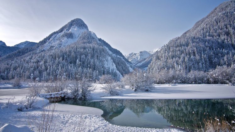 , Mountains, Trees, Frozen, Lak HD Wallpaper Desktop Background