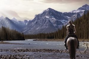 river, Wolf, Girl, Nature, Forest, Warrior, Horse, Mountain