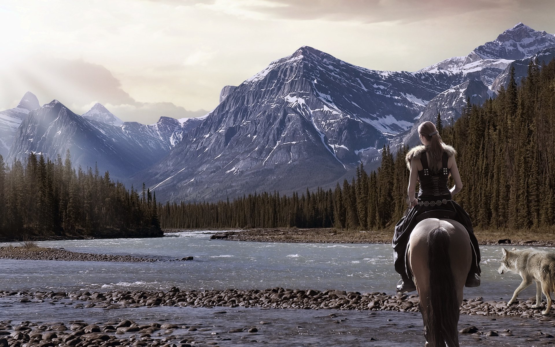 river, Wolf, Girl, Nature, Forest, Warrior, Horse, Mountain Wallpaper
