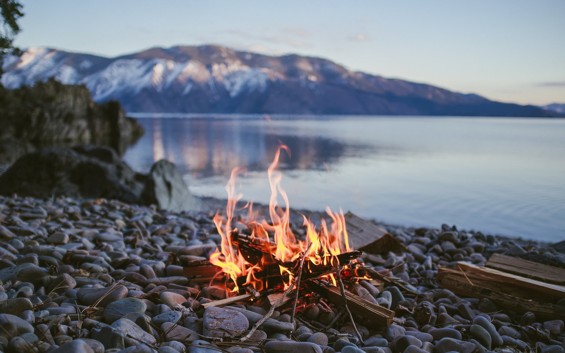 rocks, Fire, Trees, Mountains, Forest, River, Fire Wallpapers HD