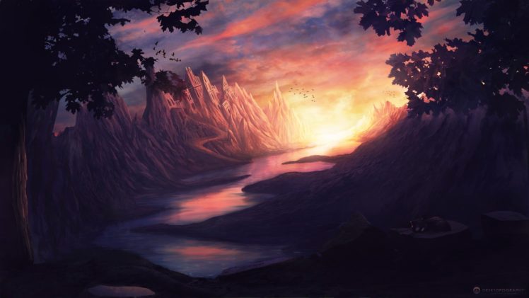 art, Castle, Drawing, Sunset, River, Beautiful, Pictures HD Wallpaper Desktop Background