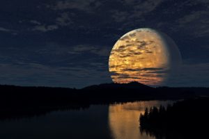 clouds, Forest, Sky, Light, Moon, Stars, River, Night