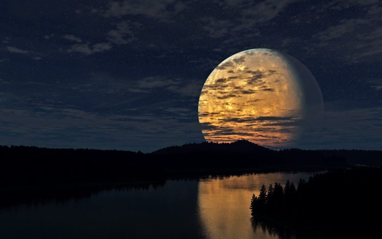 clouds, Forest, Sky, Light, Moon, Stars, River, Night HD Wallpaper Desktop Background
