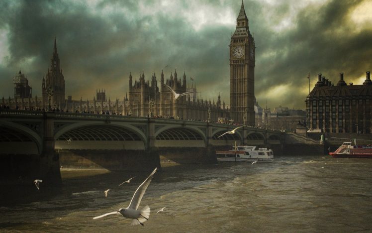 london, Gulls, Clouds, Bridge, River, Birds, England HD Wallpaper Desktop Background