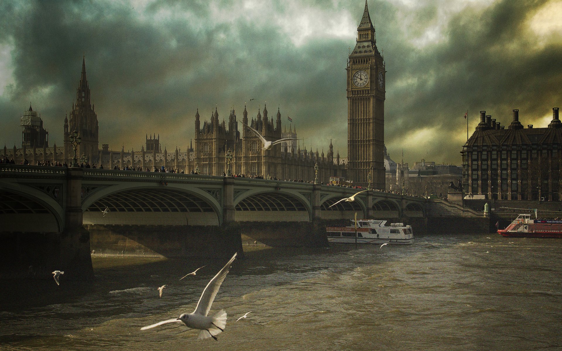 london, Gulls, Clouds, Bridge, River, Birds, England Wallpaper