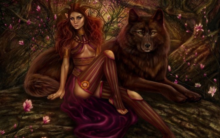 art, Red, Demon, Girl, Horns, Wolf, Demon, Forest HD Wallpaper Desktop Background