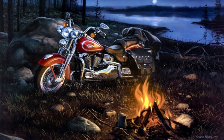 charles, Freitag, Motorcycle, River, Art, Fire, Landscape, Harley davidson HD Wallpaper Desktop Background
