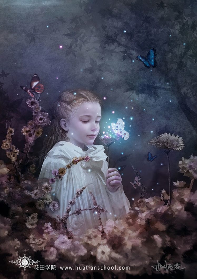 fantasy, Girl, Dress, Flowers, Rose, Beautiful, Forest, Child, Butterfly HD Wallpaper Desktop Background