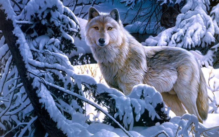 forest, Jerry, Gadamus, Wolf, Winter, Snow, Art HD Wallpaper Desktop Background