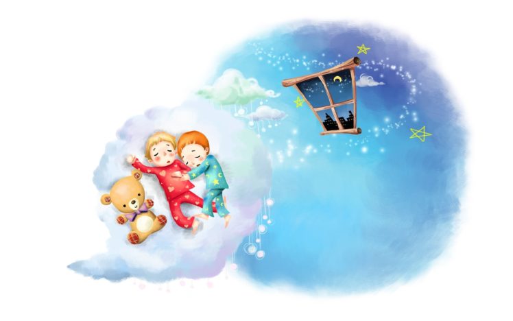 drawing, Clouds, Kids, Sleep, Childhood, Pajamas, Window, Month, Stars, Teddy, Bear HD Wallpaper Desktop Background