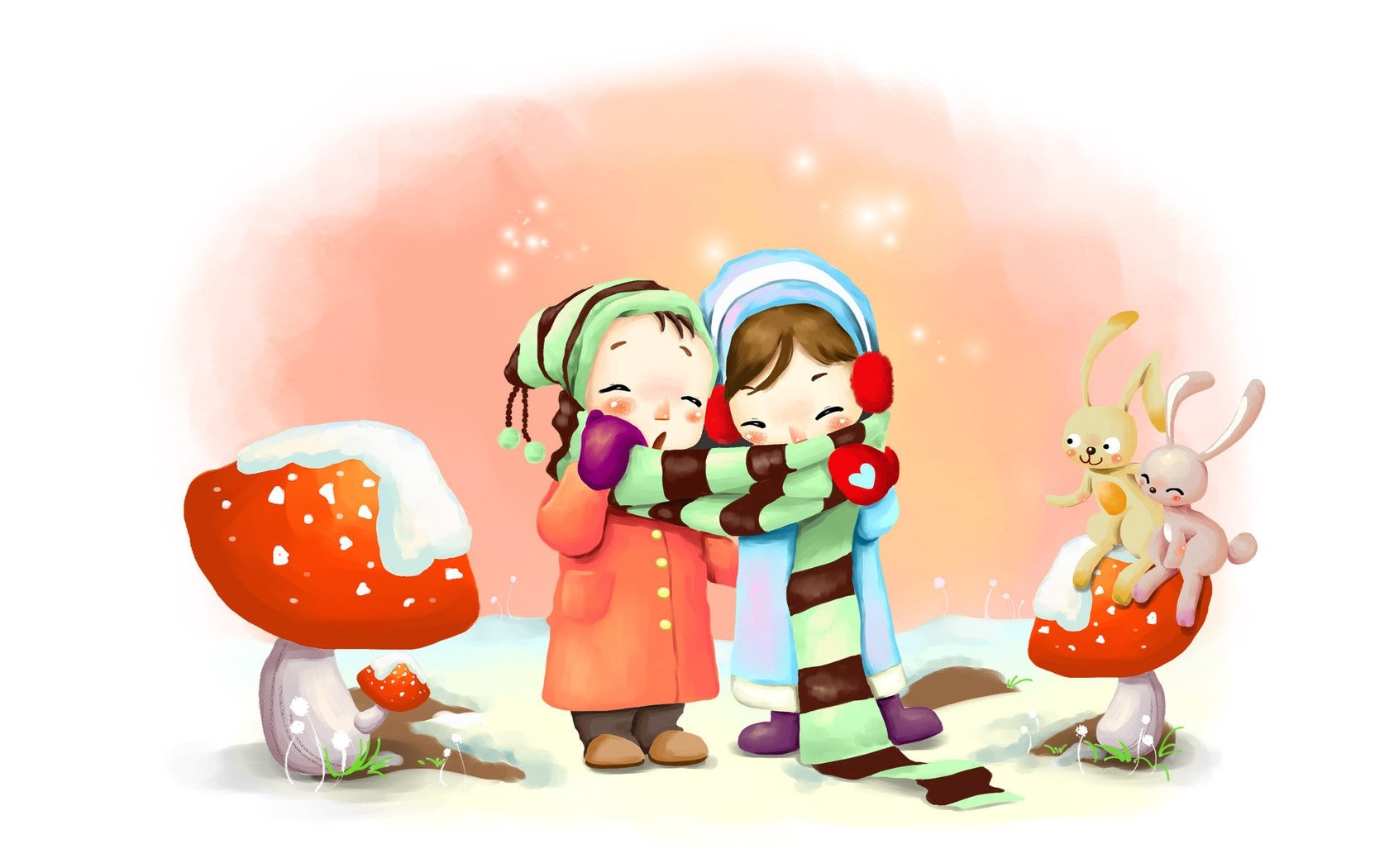 drawing, Winter, Kids, Breath, Snowflakes, Mushrooms, Rabbits, Scarf Wallpaper