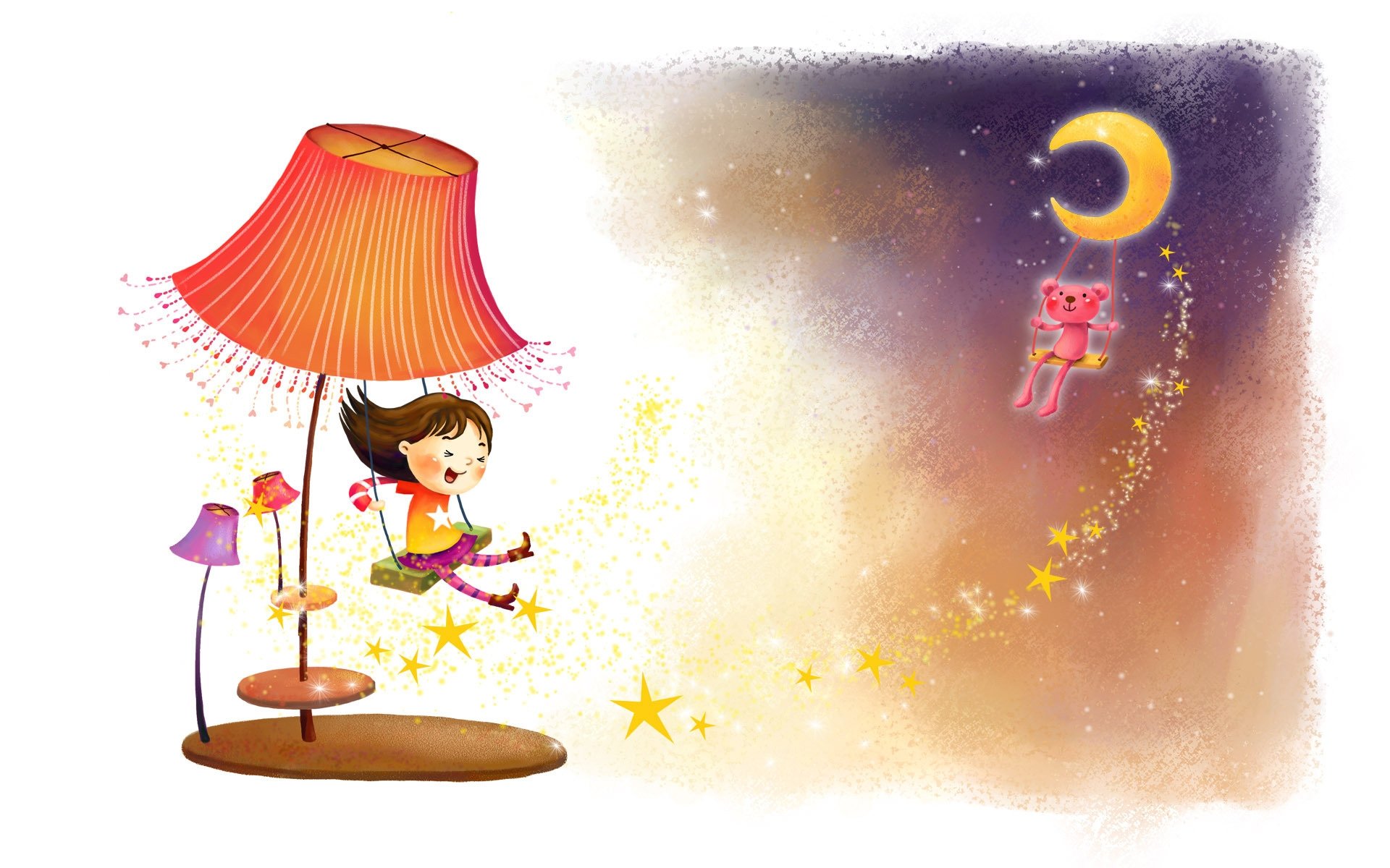drawing, Childhood, Fantasy, Girl, Lamp, Swing, Animal, Stars, Laughing, Wind Wallpaper
