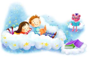 drawing, Girl, Boy, Clouds, Fantasy, Books, Stars, Smiles