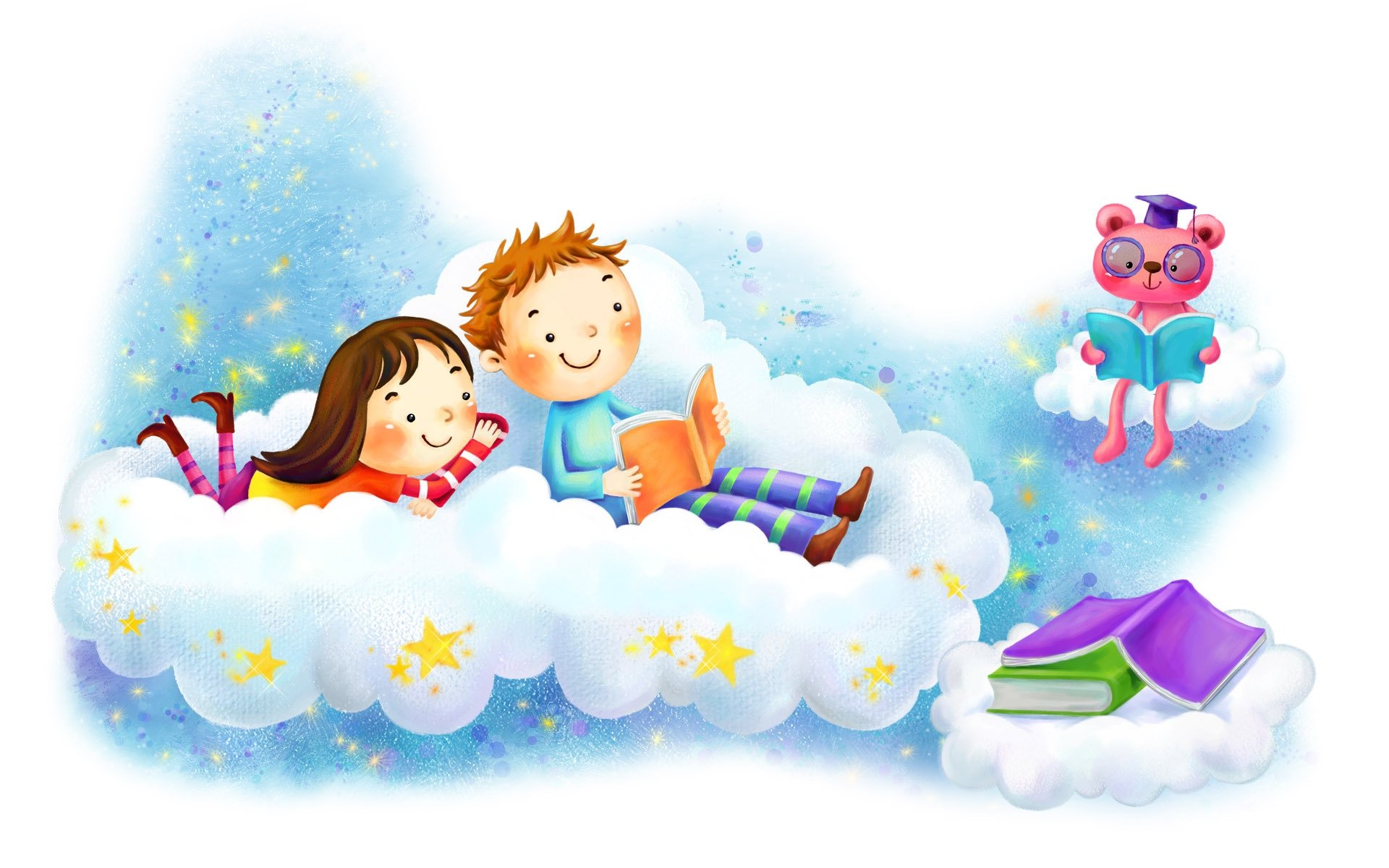 drawing, Girl, Boy, Clouds, Fantasy, Books, Stars, Smiles Wallpaper