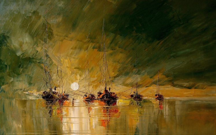boat, Painting, Drawing, Sun, Sea, Art HD Wallpaper Desktop Background