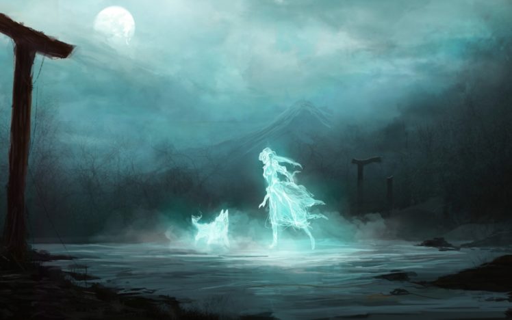 night, Moon, Ghost, Fantasy, Spirit, Girl, Art, Wolf HD Wallpaper Desktop Background