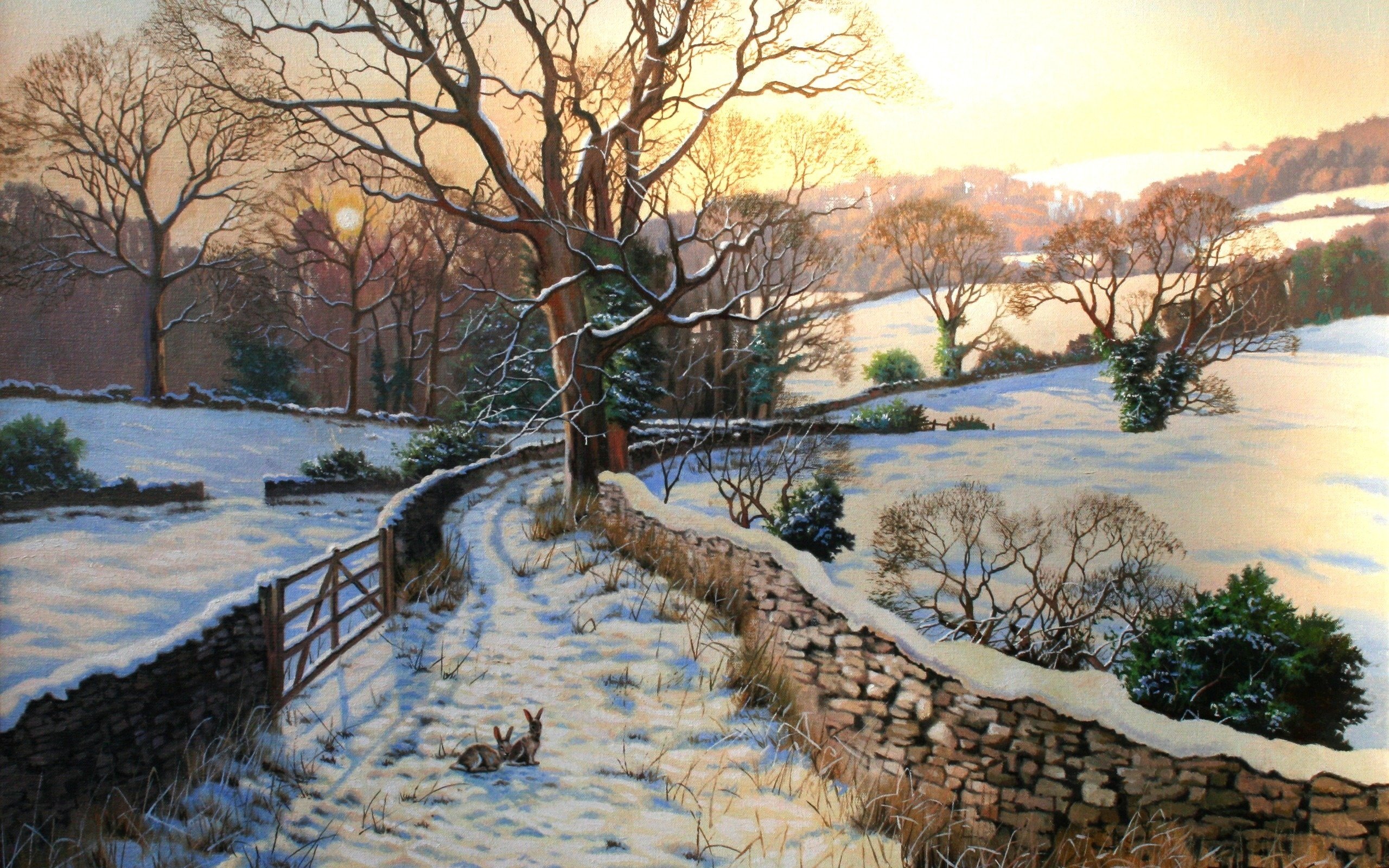 paintings, Drawings, Hares, Rabbits, Winter, Drawing, Art, Snow, Fences