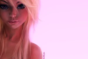 portrait, Girl, Blonde, Ink pot, Pink, Background, Art