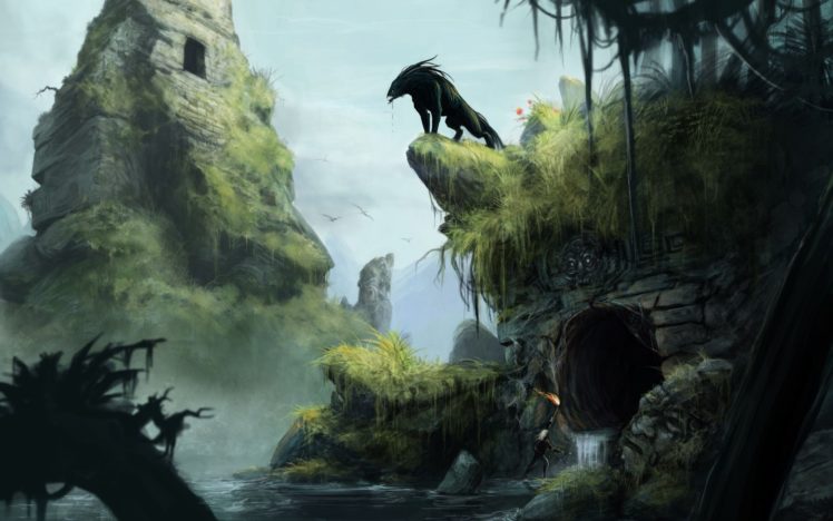 ruins, Man, Cave, The, Secret, World, Monster, Art HD Wallpaper Desktop Background