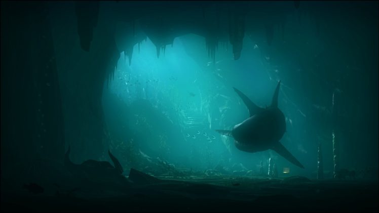 shark, Art, Underwater, Rocks, Sea HD Wallpaper Desktop Background