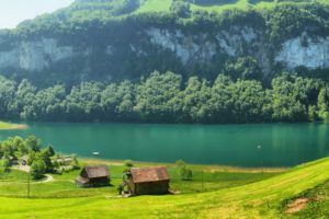switzerland, Houses, Mountains, Fields, Grass, River, Switzerland