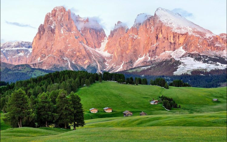 summer, Enrosadira, Italia, House, Mountain, Forest HD Wallpaper Desktop Background