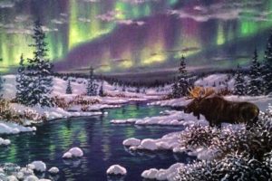 art, Oil, Painting, Drawing, Aurora, Forest, Snow, Moose, River