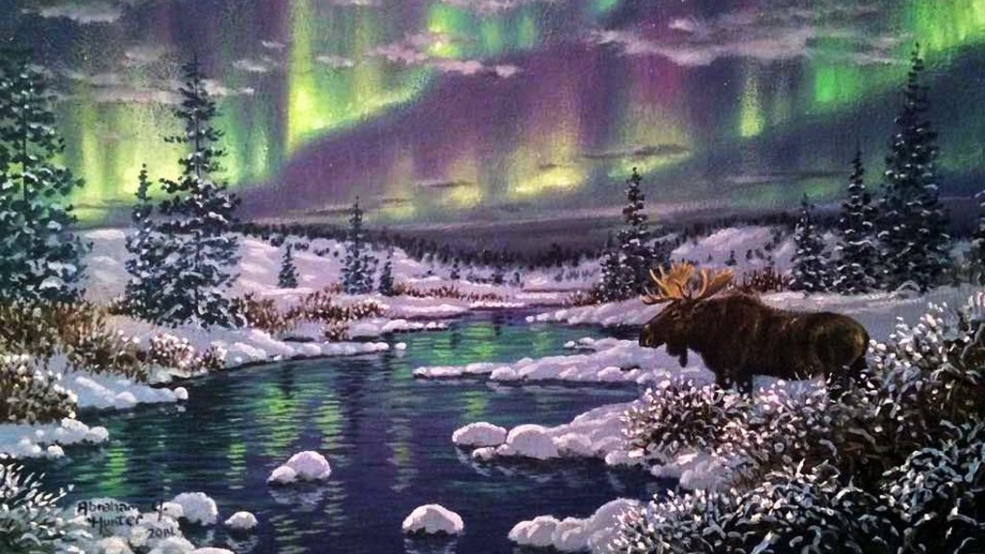 art, Oil, Painting, Drawing, Aurora, Forest, Snow, Moose, River