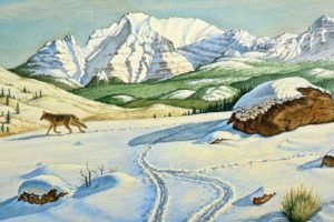 art, Oil, Painting, Drawing, Snowy, Peaks, Forest, Wolf, Hill