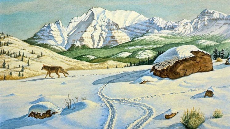 art, Oil, Painting, Drawing, Snowy, Peaks, Forest, Wolf, Hill HD Wallpaper Desktop Background