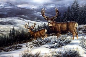 art, Oil, Painting, Drawing, Dark, Forest, Deer, Snowy, Hill