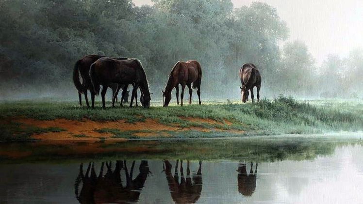 art, Oil, Painting, Drawing, Trees, Wild, Horses, Meadow, Pond HD Wallpaper Desktop Background