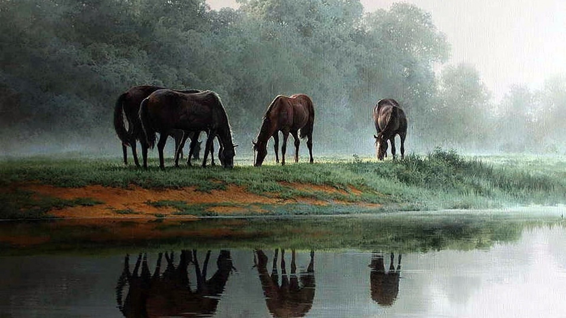 art, Oil, Painting, Drawing, Trees, Wild, Horses, Meadow, Pond Wallpaper