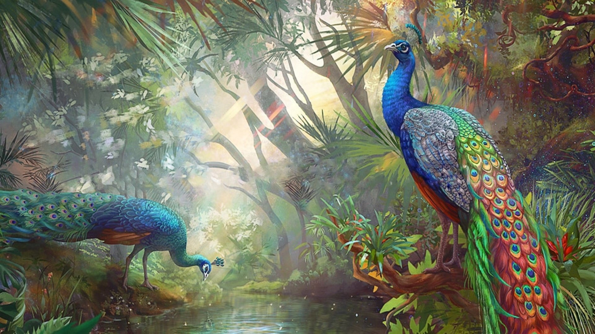 art, Oil, Painting, Drawing, Terrific, Peacocks, Paradise Wallpapers HD /  Desktop and Mobile Backgrounds