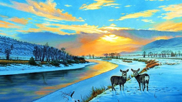 art, Oil, Painting, Drawing, Deer, Snowy, Sunset, Yellow, Stone HD Wallpaper Desktop Background
