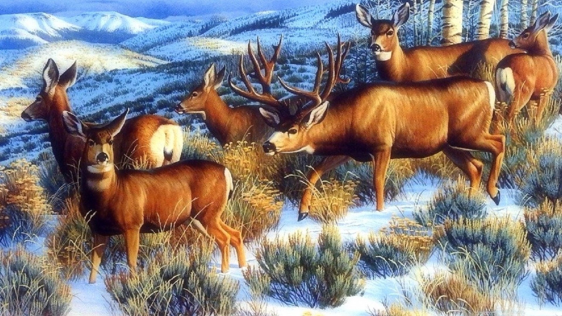 art, Oil, Painting, Drawing, Nice, Winter, Forest, Pretty, Deer Wallpaper