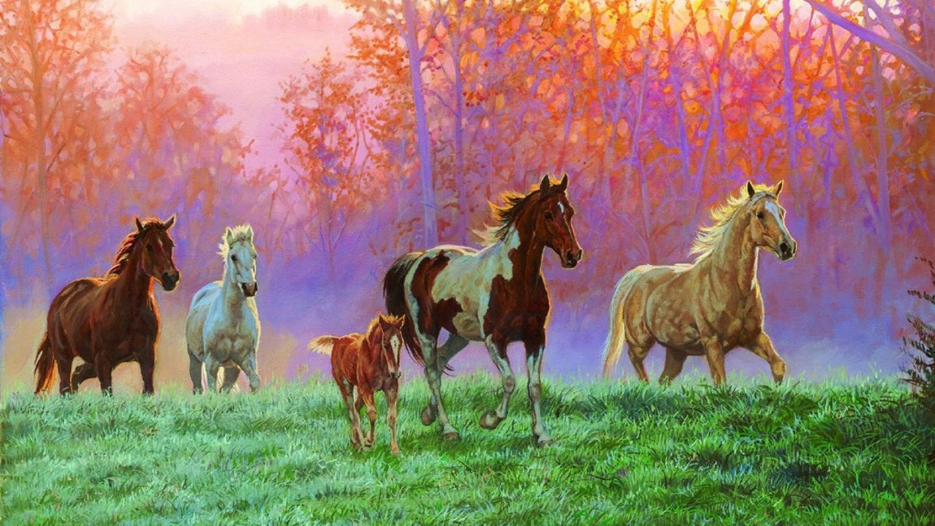 art, Oil, Painting, Drawing, Horses, Foal, Meadow, Morning, Sun Wallpaper