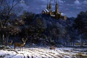 art, Oil, Painting, Drawing, Forest, Castle, Deer, Snow, Field