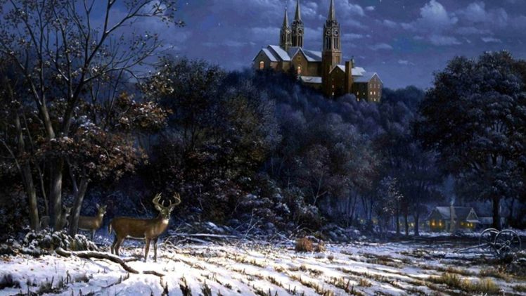 art, Oil, Painting, Drawing, Forest, Castle, Deer, Snow, Field HD Wallpaper Desktop Background