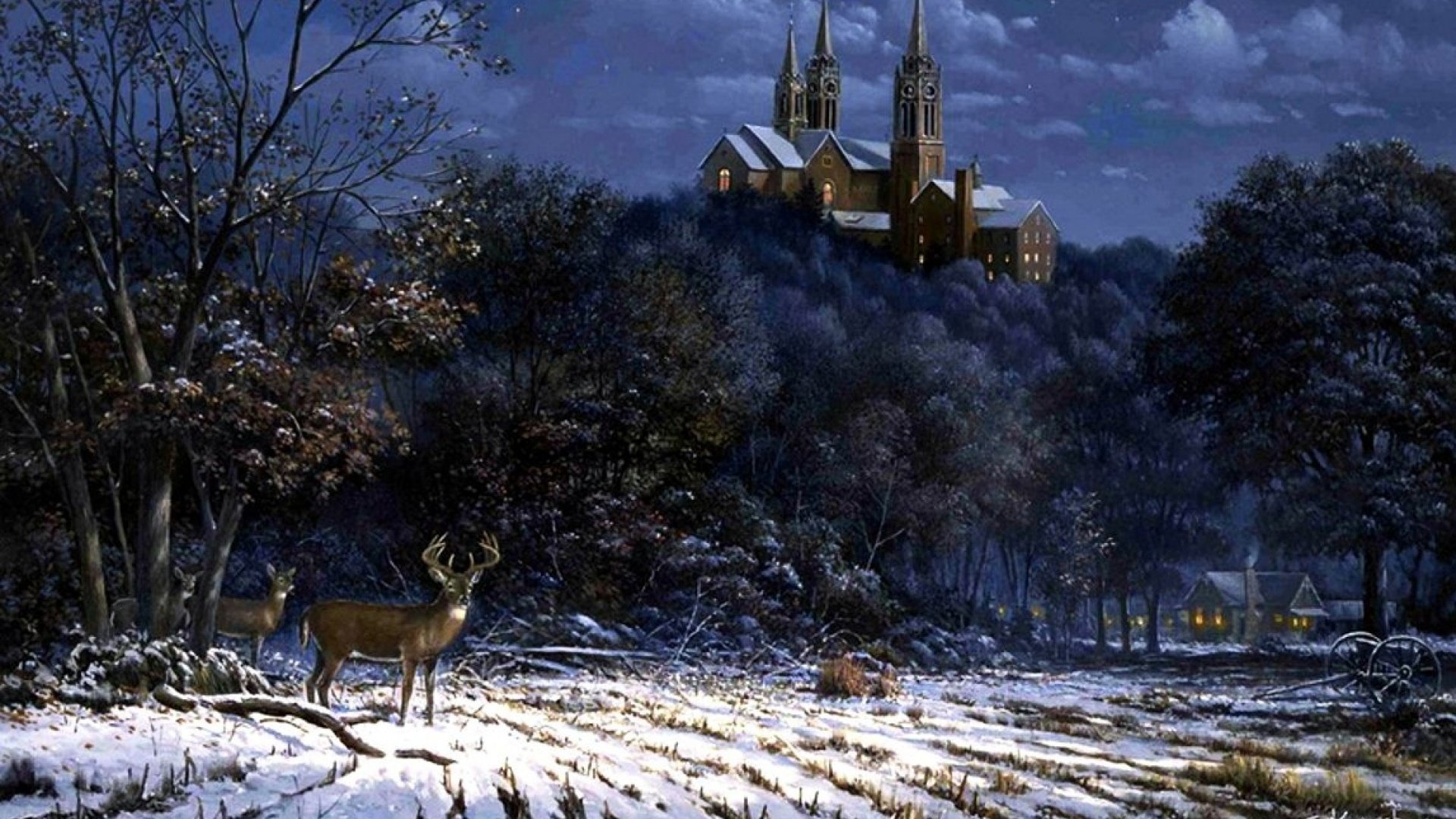 art, Oil, Painting, Drawing, Forest, Castle, Deer, Snow, Field Wallpaper