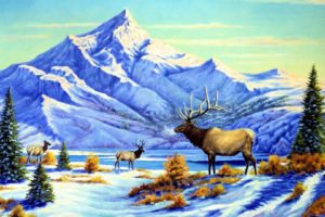 art, Oil, Painting, Drawing, Snowy, Peak, River, Deer, Trees