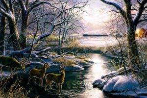art, Oil, Painting, Drawing, Forest, Creek, Deer, Fields, Huts