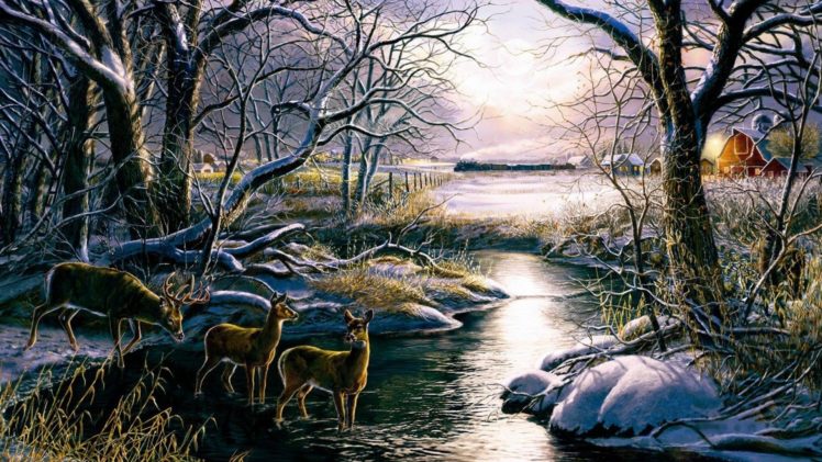 art, Oil, Painting, Drawing, Forest, Creek, Deer, Fields, Huts HD Wallpaper Desktop Background