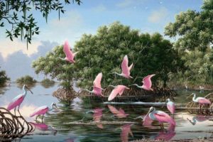 art, Oil, Painting, Drawing, Pink, Spoonbills, Lake, Trees