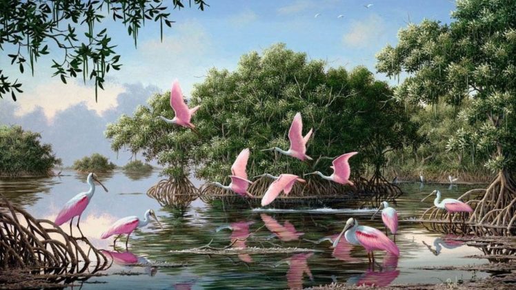 art, Oil, Painting, Drawing, Pink, Spoonbills, Lake, Trees HD Wallpaper Desktop Background