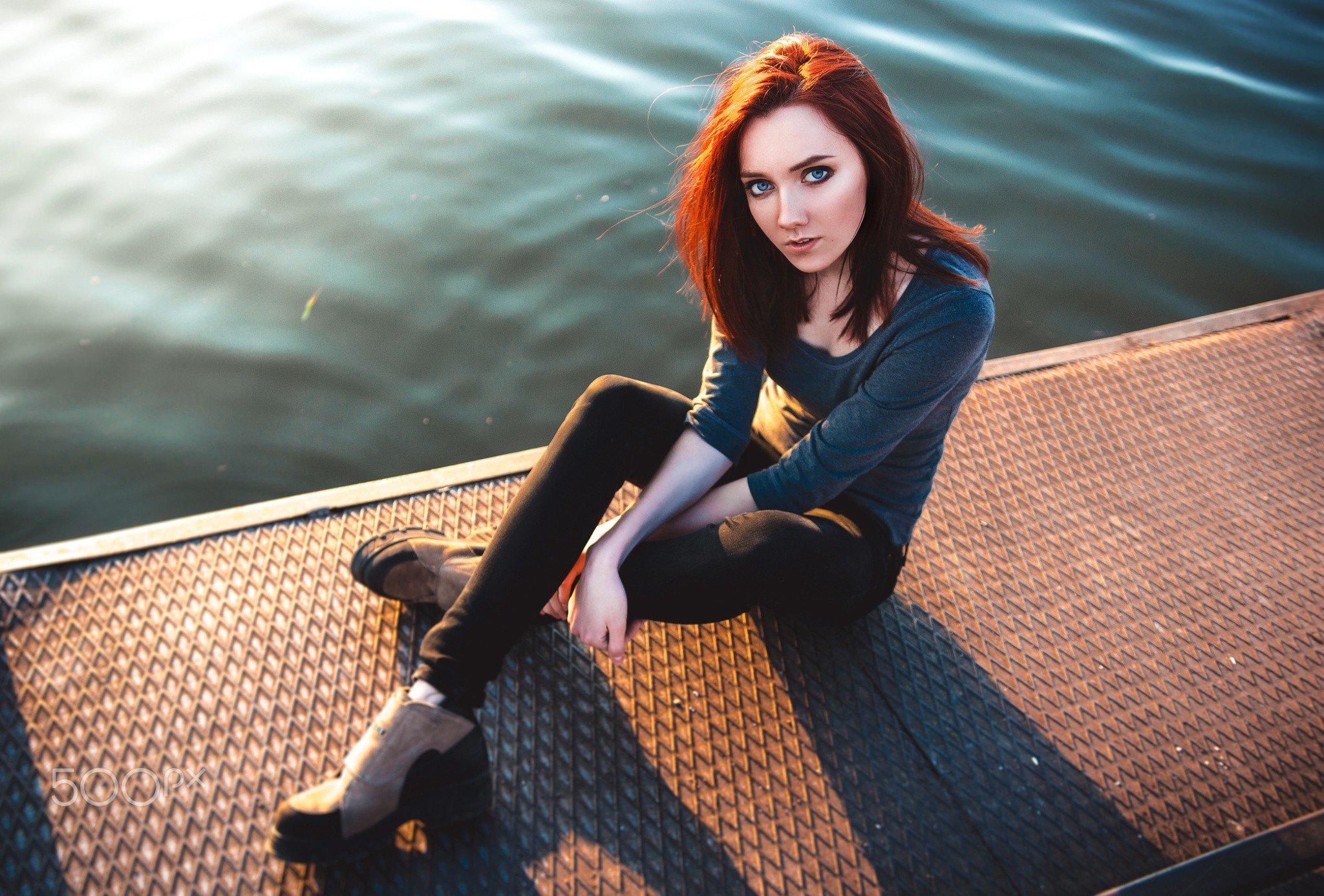 women, Redhead, Sitting, Pants, Looking, At, Viewer, Water, Portrait, Blue, Eyes Wallpaper